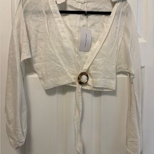 Lovers + Friends White Linen-Blend Tie-Front Cropped Top